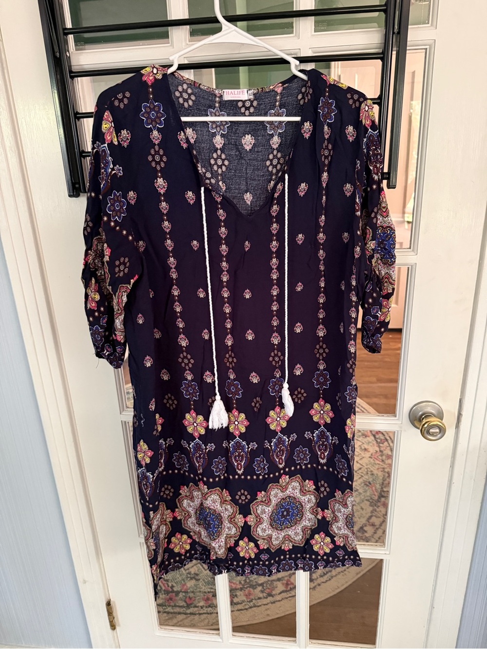 Navy Floral Tassel V-Neck Women's Tunic Dress